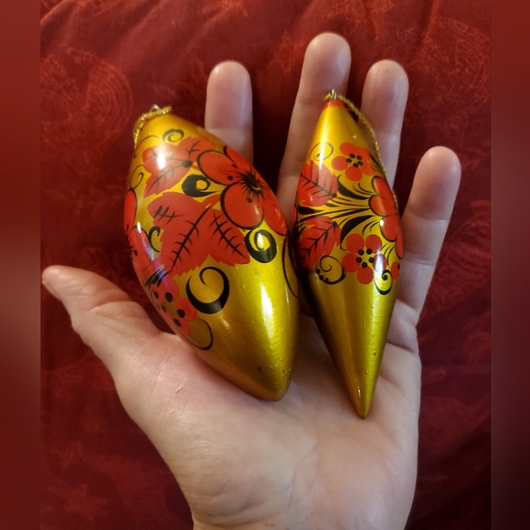 Vntg Russian "Khokhloma" Wooden, Hand Painted Christmas Ornaments, 9 teardrop - Picture 7 of 15